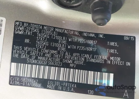 2015 Toyota Sienna Le 8 Passenger z USA, uszkodzony, nr VIN 5TDKK3DC6FS663023